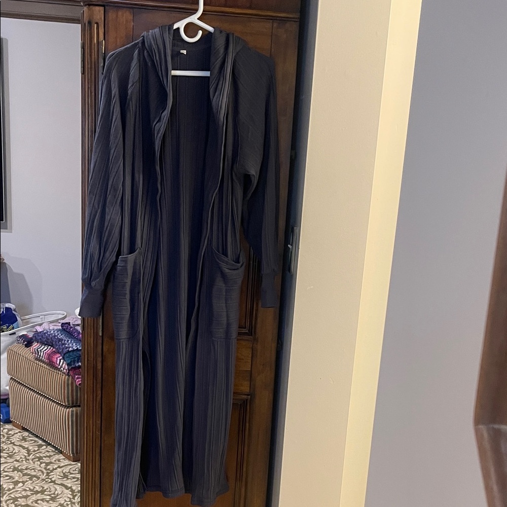 Free People Black Grey Cotton Hooded Long Duster, medium, worn once